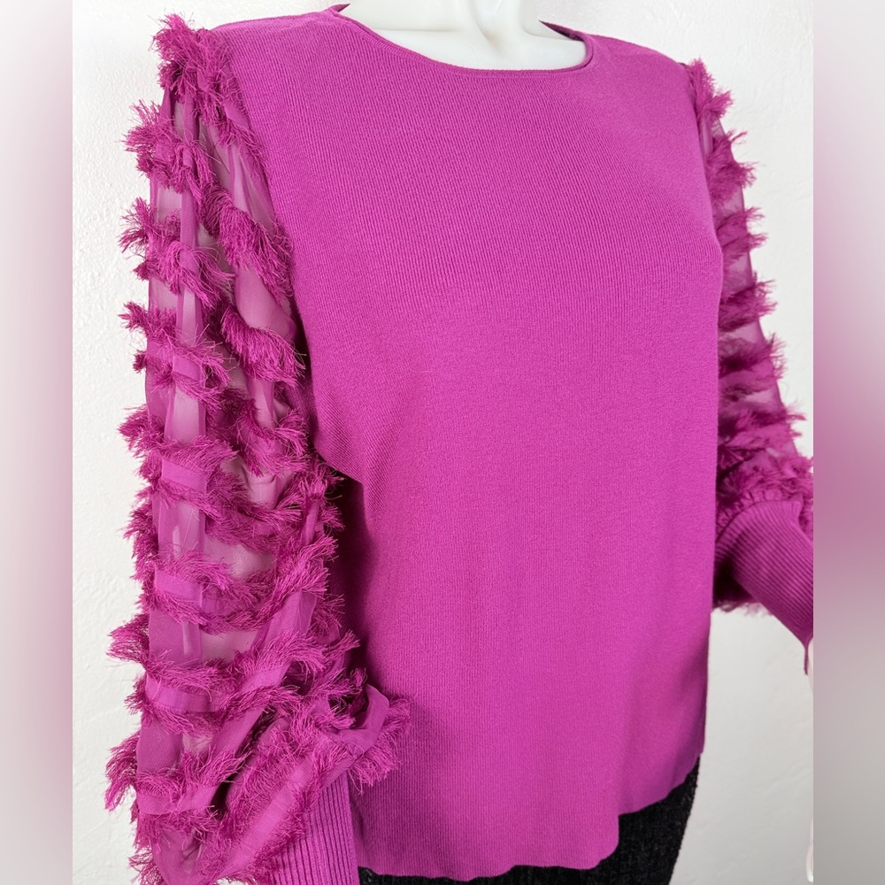 Sioni Fuchsia Fringe Trim Bishop Sleeve Sweater Size L - Picture 4 of 8